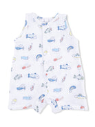 White sleeveless romper featuring colorful fish and beach ball print, perfect for infants.