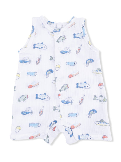 White sleeveless romper featuring colorful fish and beach ball print, perfect for infants.