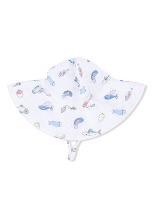 White sun hat with colorful fish and beach ball patterns, designed for children.