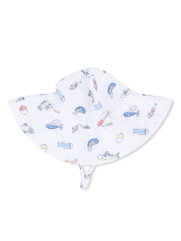 White sun hat with colorful fish and beach ball patterns, designed for children.