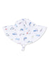 White sun hat with colorful fish and beach ball patterns, designed for children.
