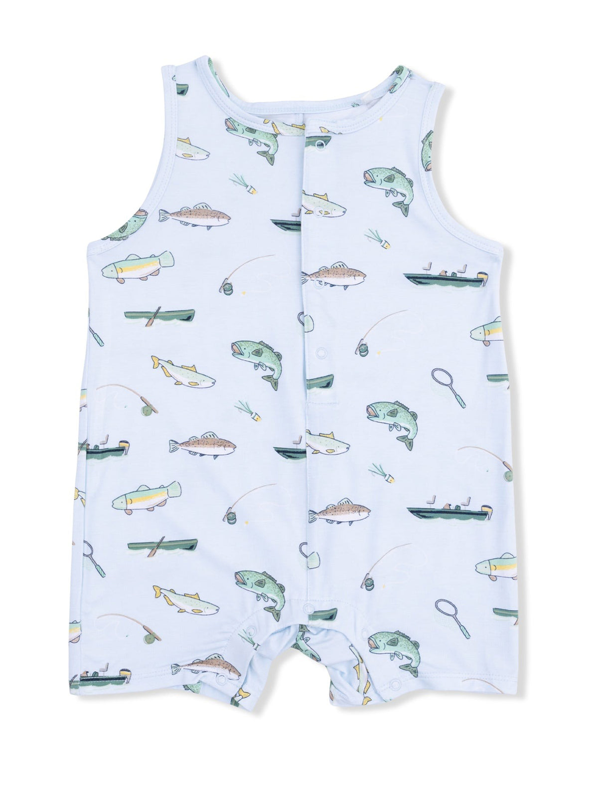 Light blue romper with fishing-themed prints, featuring fish, fishing rods, and boats in a playful design.