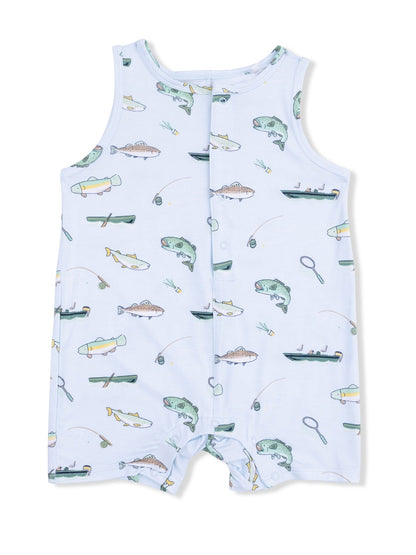Light blue romper with fishing-themed prints, featuring fish, fishing rods, and boats in a playful design.