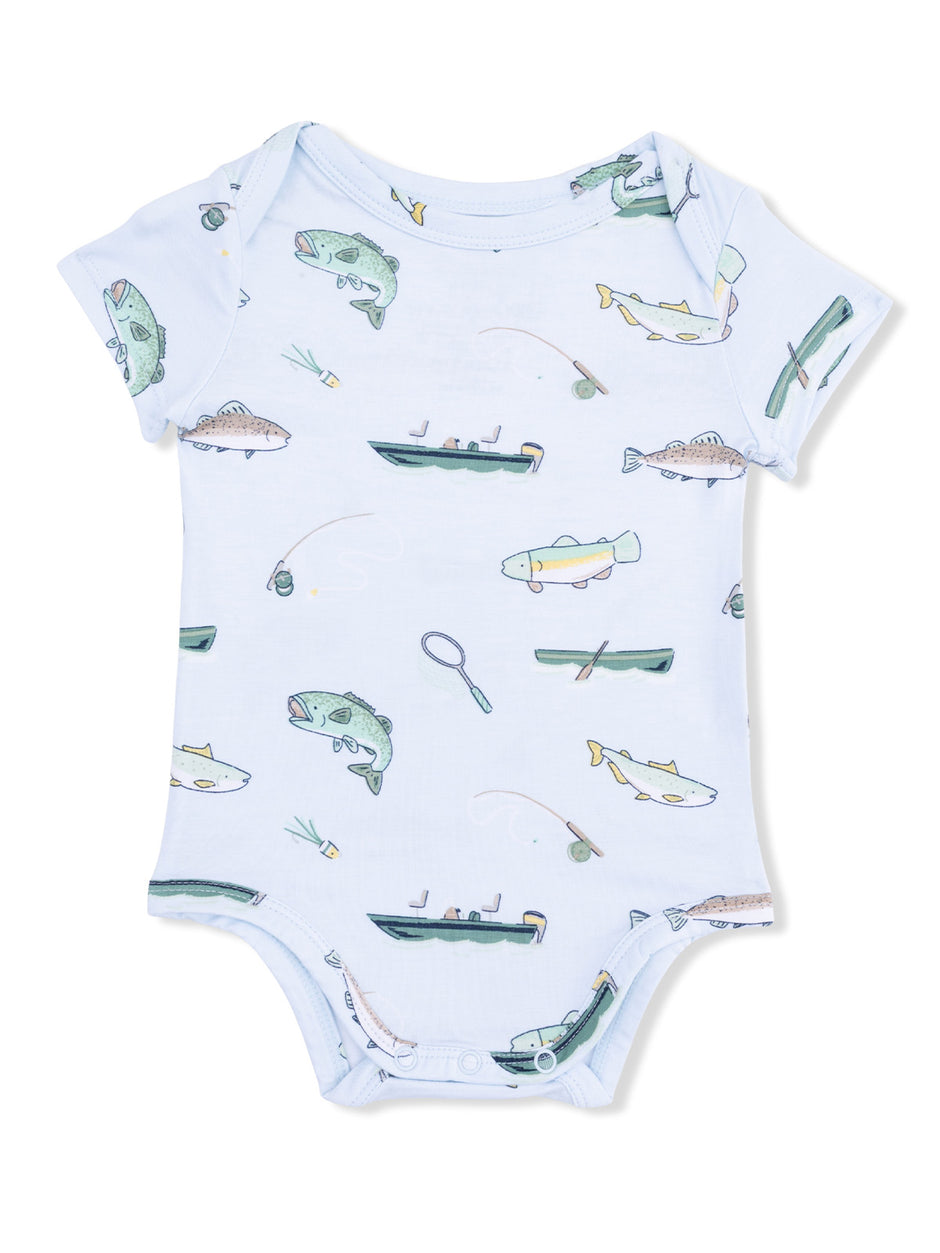 Light blue baby onesie with fishing-themed prints of fish, boats, and fishing gear.