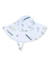 Light blue sun hat with fishing-themed designs, featuring a wide brim and chin straps for secure wear.