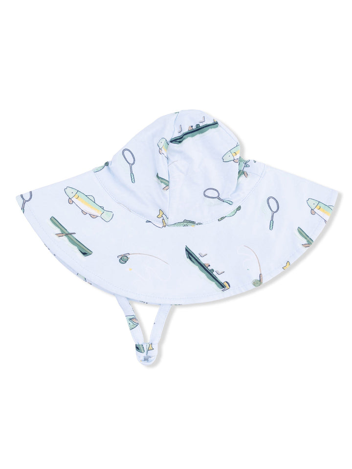 Light blue sun hat with fishing-themed designs, featuring a wide brim and chin straps for secure wear.