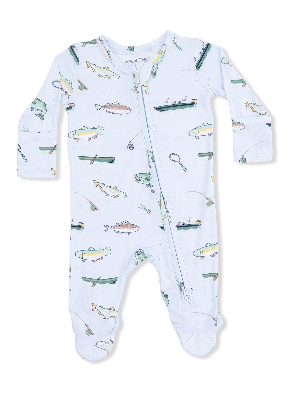 Light blue infant romper with fishing-themed prints, featuring fish and fishing gear, with a front zipper.