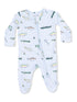 Light blue infant romper with fishing-themed prints, featuring fish and fishing gear, with a front zipper.