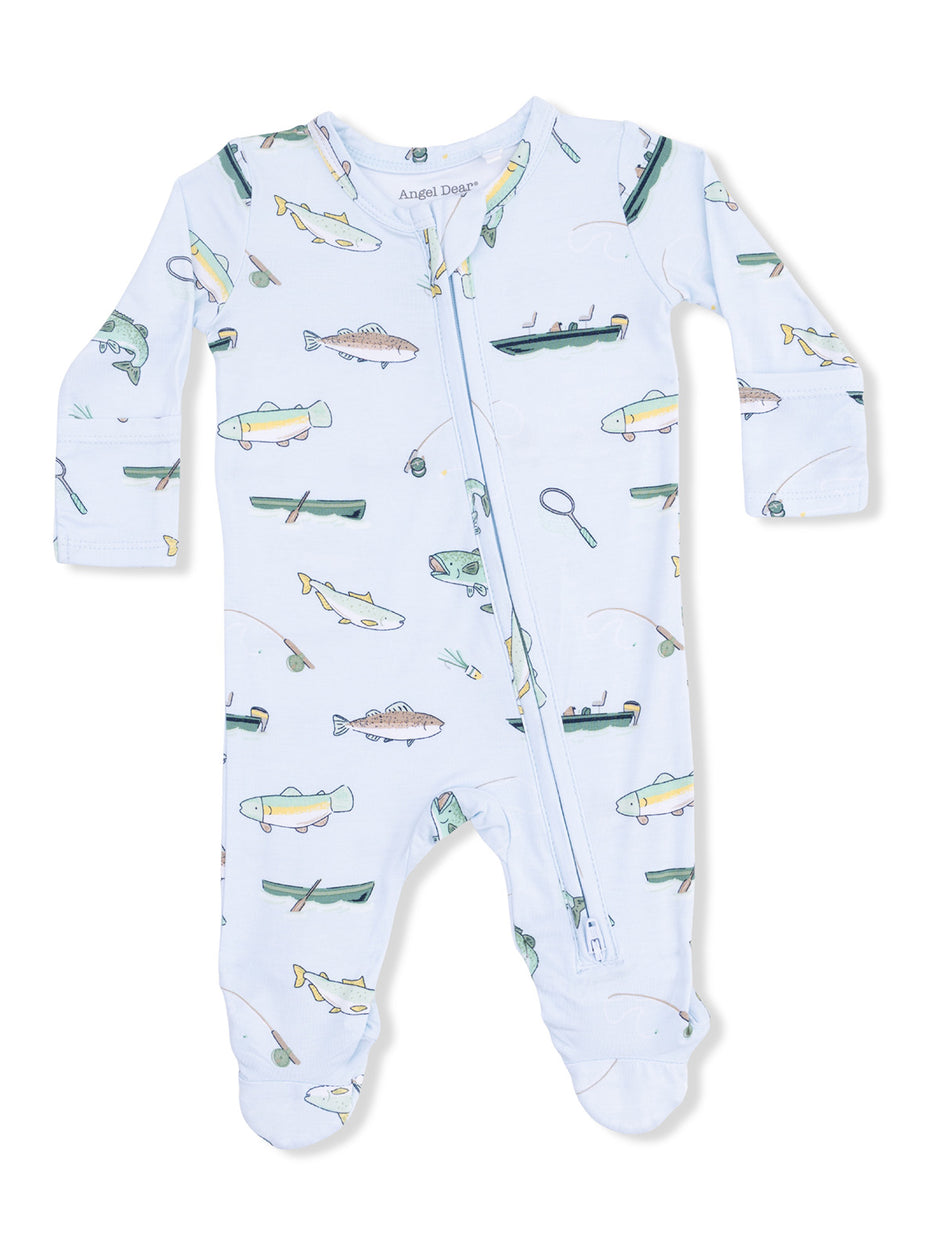 Light blue infant romper with fishing-themed prints, featuring fish and fishing gear, with a front zipper.