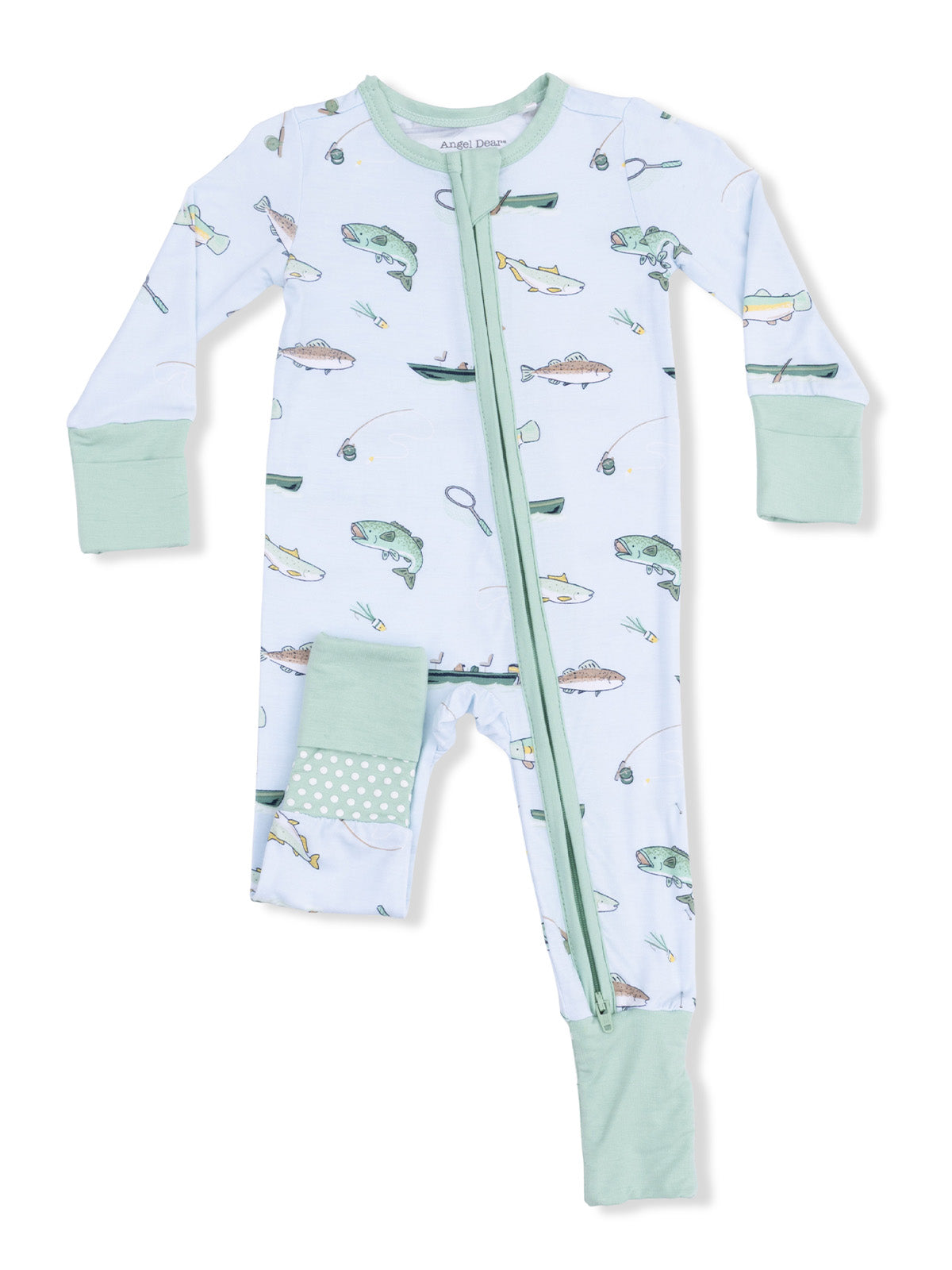 Light blue children's pajamas printed with fish, fishing gear, and boats, featuring a front zipper and green accents.