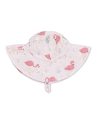 Pink sun hat with flamingo patterns, featuring a wide brim and a chin strap for secure fit.