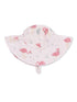 Pink sun hat with flamingo patterns, featuring a wide brim and a chin strap for secure fit.