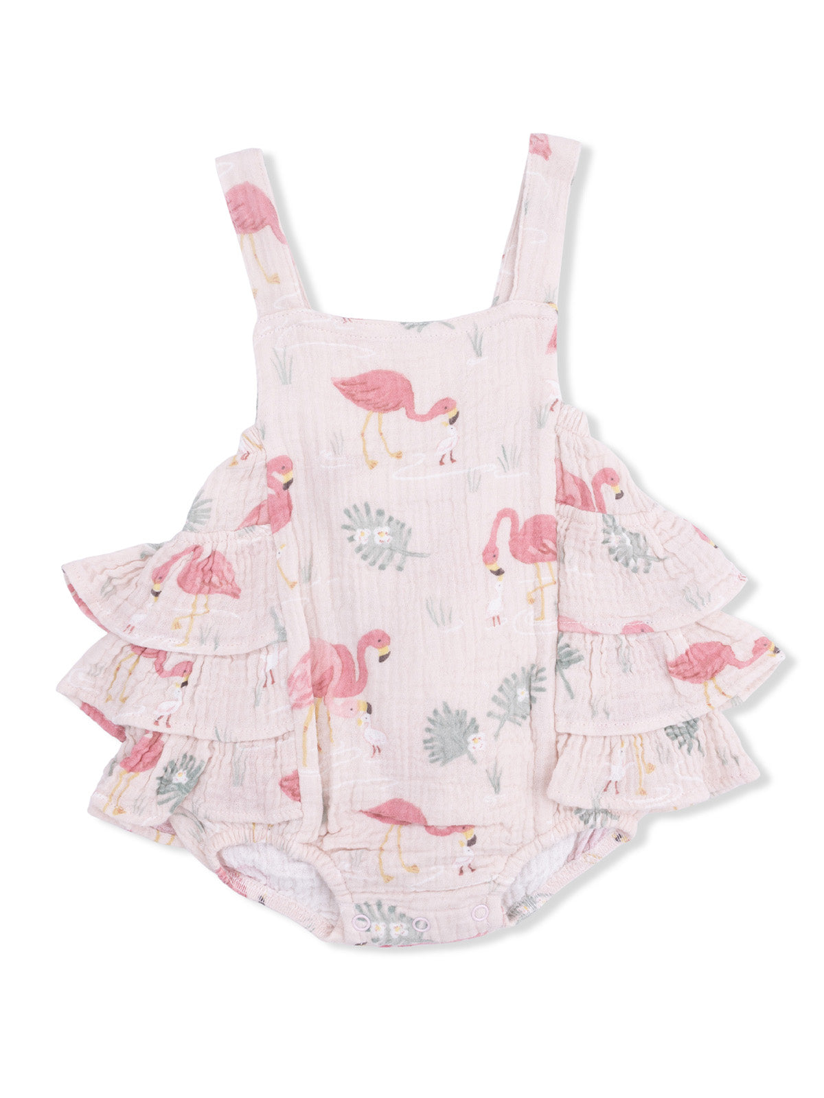 Flamingo-patterned baby romper with ruffle accents and adjustable straps. Ideal for warm weather outfits.