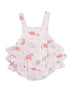 Flamingo-patterned baby romper with ruffle accents and adjustable straps. Ideal for warm weather outfits.