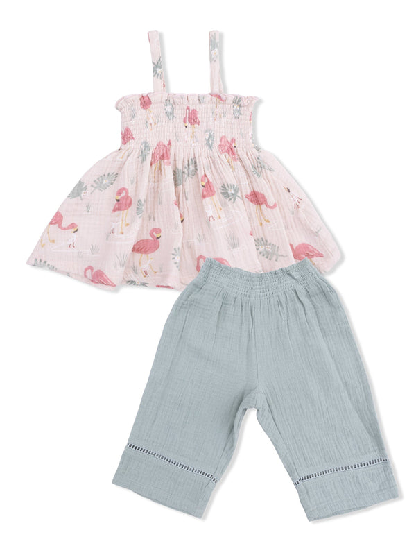 Pink flamingo-patterned top with straps and light blue pants, ideal for toddlers' summer outfits.
