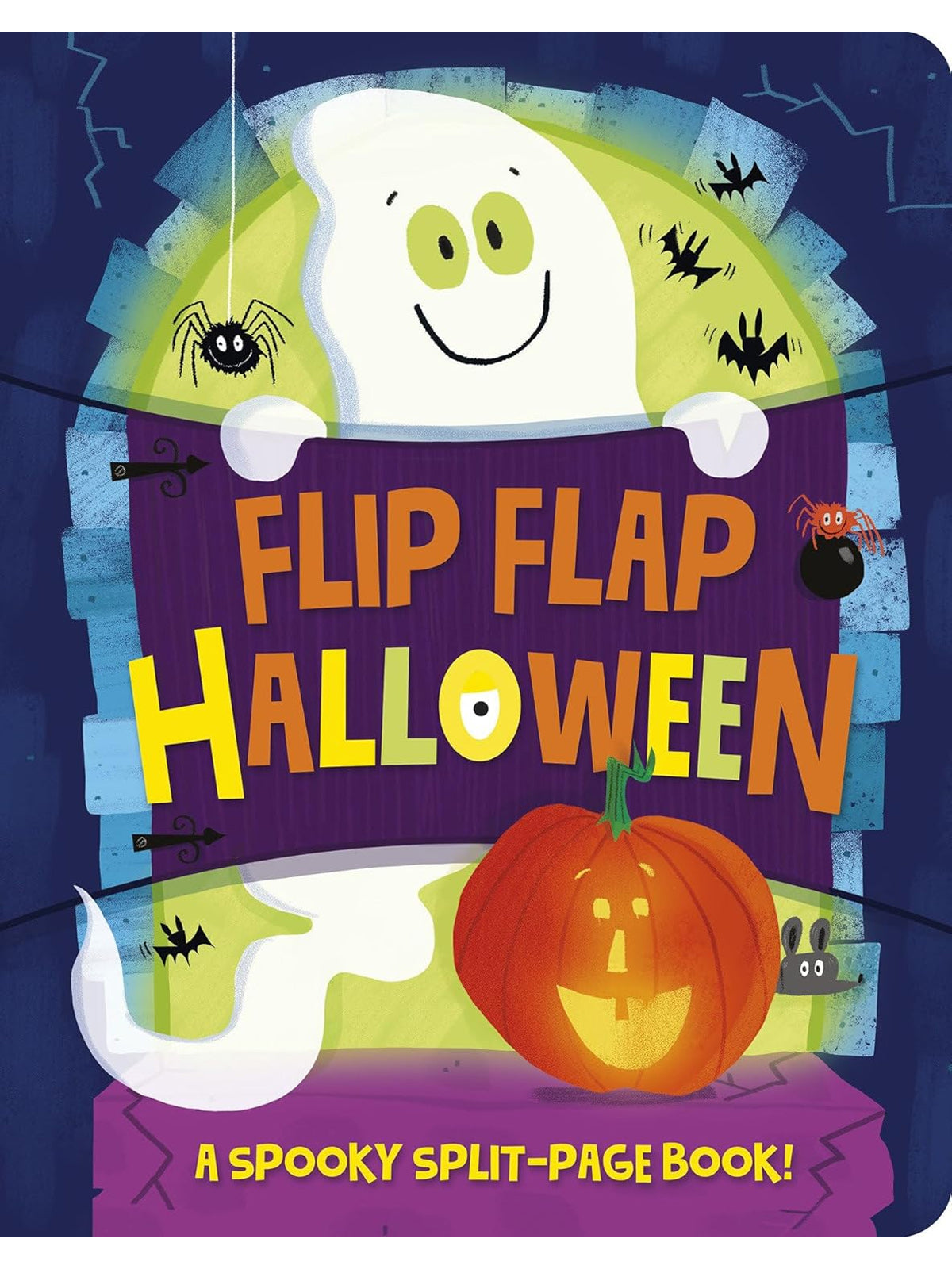 Colorful book cover featuring a friendly ghost, a carved pumpkin, and Halloween elements, titled "Flip Flap Halloween."