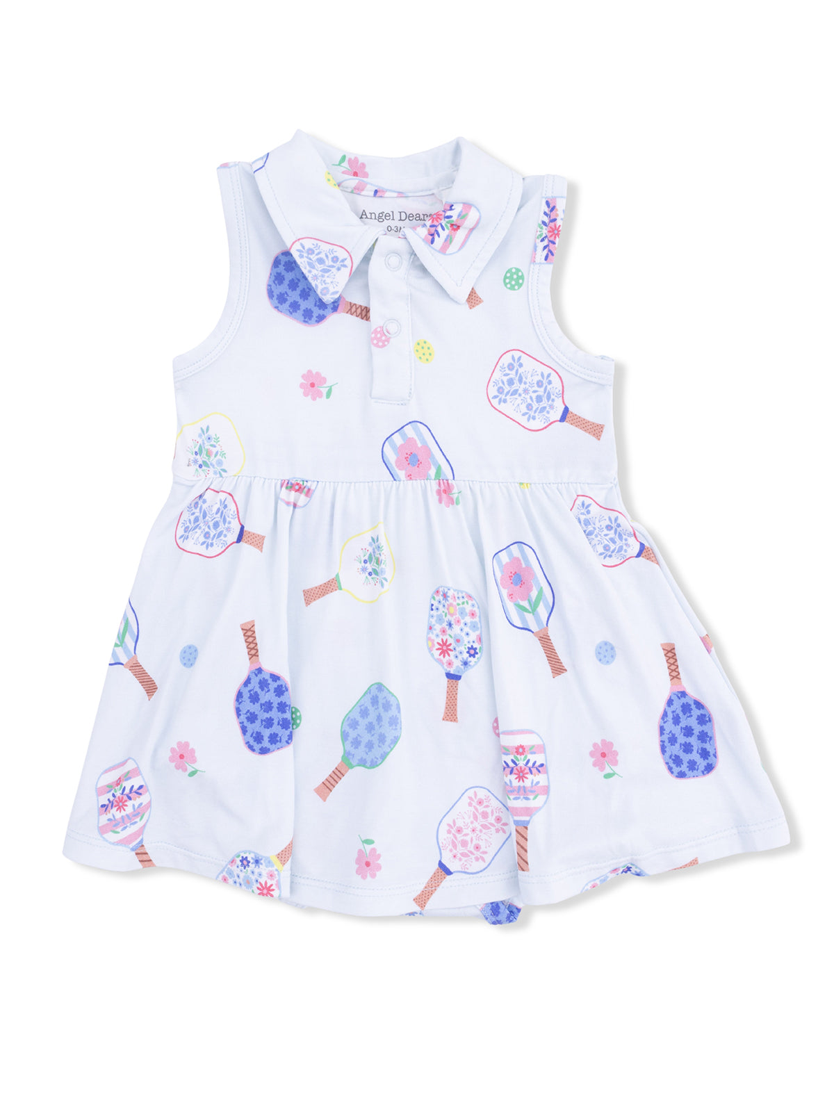 White sleeveless dress with a floral pattern and collar, featuring colorful garden tools and flowers.