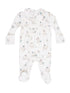 White baby onesie with playful floral and animal prints, featuring long sleeves and footed design.
