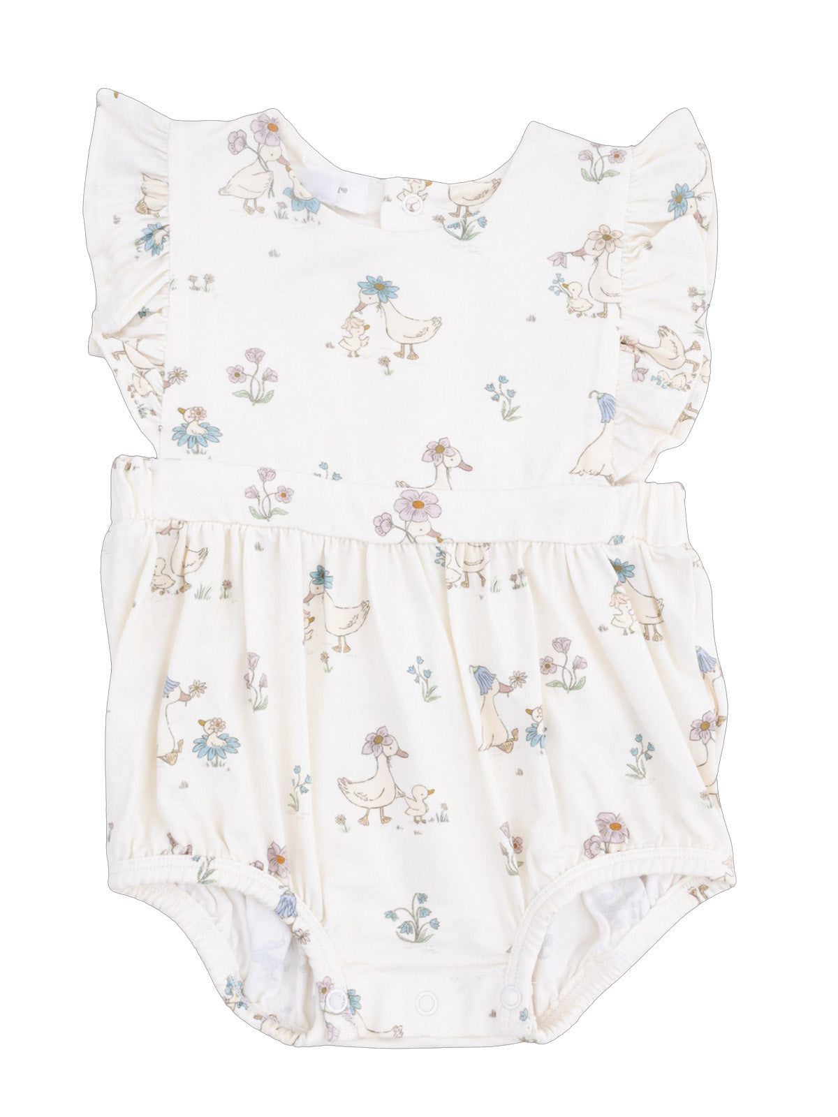 White baby rompers featuring whimsical duck and flower patterns. Ideal for playful and comfy outfits.