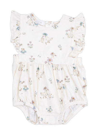 White baby rompers featuring whimsical duck and flower patterns. Ideal for playful and comfy outfits.