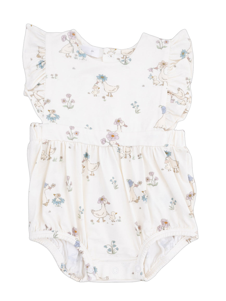 White baby rompers featuring whimsical duck and flower patterns. Ideal for playful and comfy outfits.