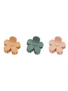 Three flower-shaped clips in peach, teal, and light pink colors, displayed on a white background.