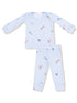 Light blue toddler pajamas with whimsical fish and seaweed patterns, including a long-sleeve top and pants.