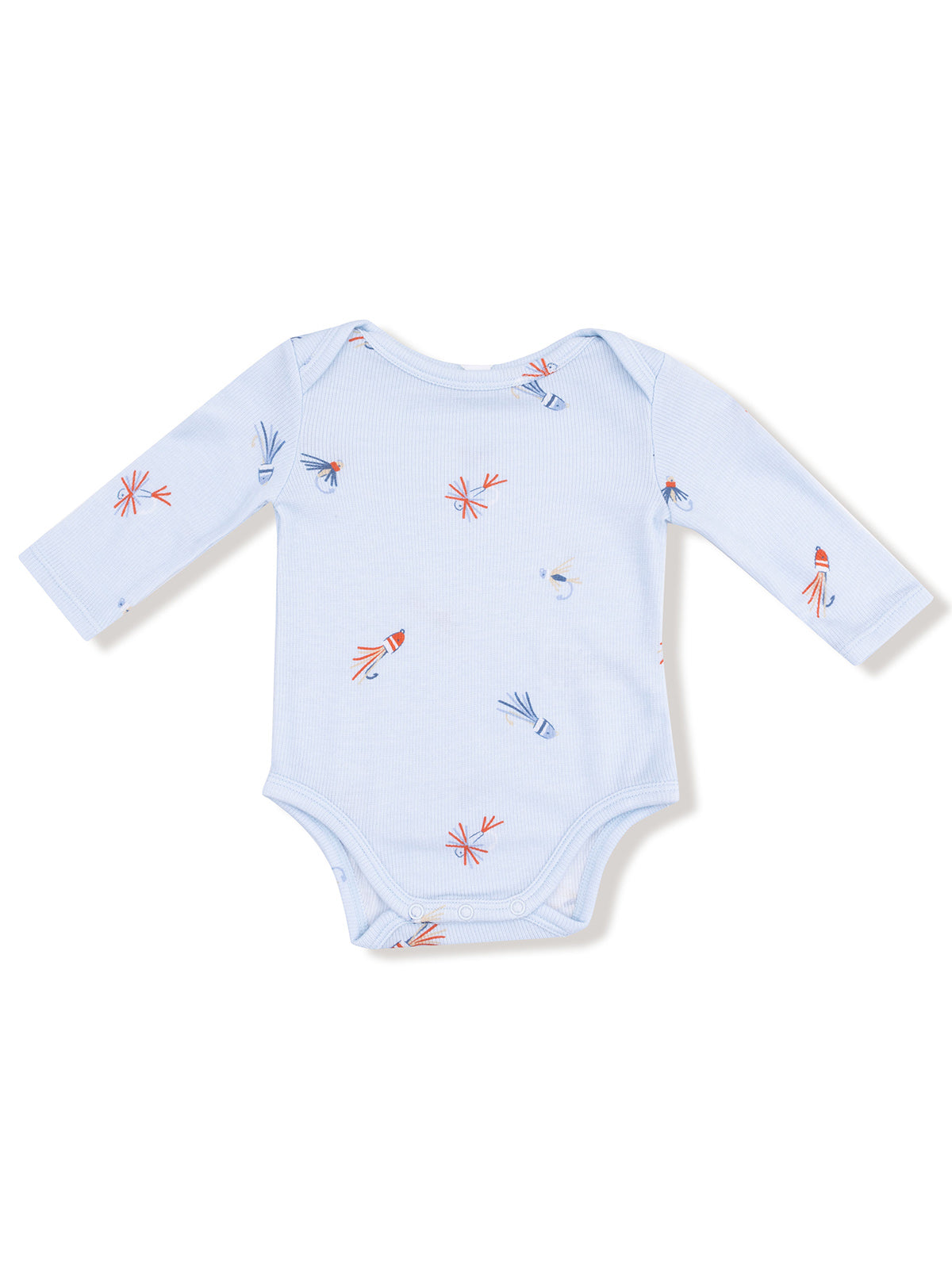 Light blue long-sleeve onesie with colorful sea creature patterns printed throughout.