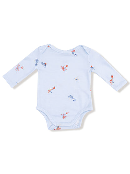 Light blue long-sleeve onesie with colorful sea creature patterns printed throughout.