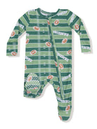 Green baby onesie featuring a football field design with "TOUCHDOWN" text and football graphics.