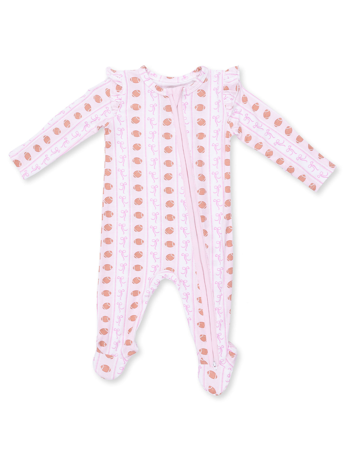 Ruffle Sleeve 2-Way Zip Footie, Football Bow Stripe