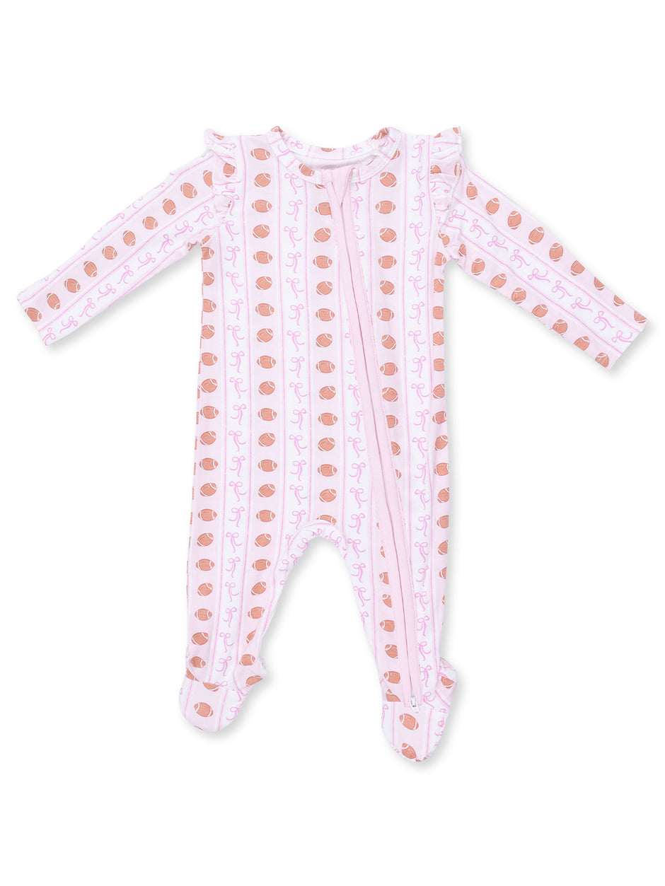 Ruffle Sleeve 2-Way Zip Footie, Football Bow Stripe