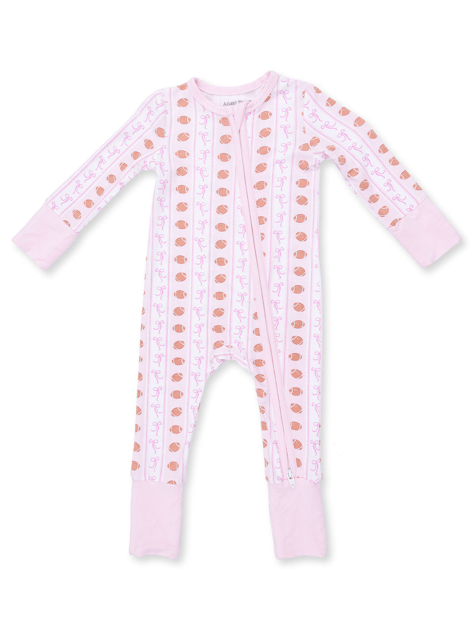 2-Way Zip Romper, Football Bow Stripe