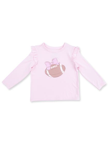 Pink long-sleeve shirt with ruffles featuring a printed football and bow design on the front.