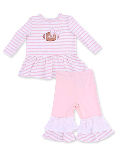 Pink striped kids' outfit with a football graphic and ruffled pants, ideal for playful wear.