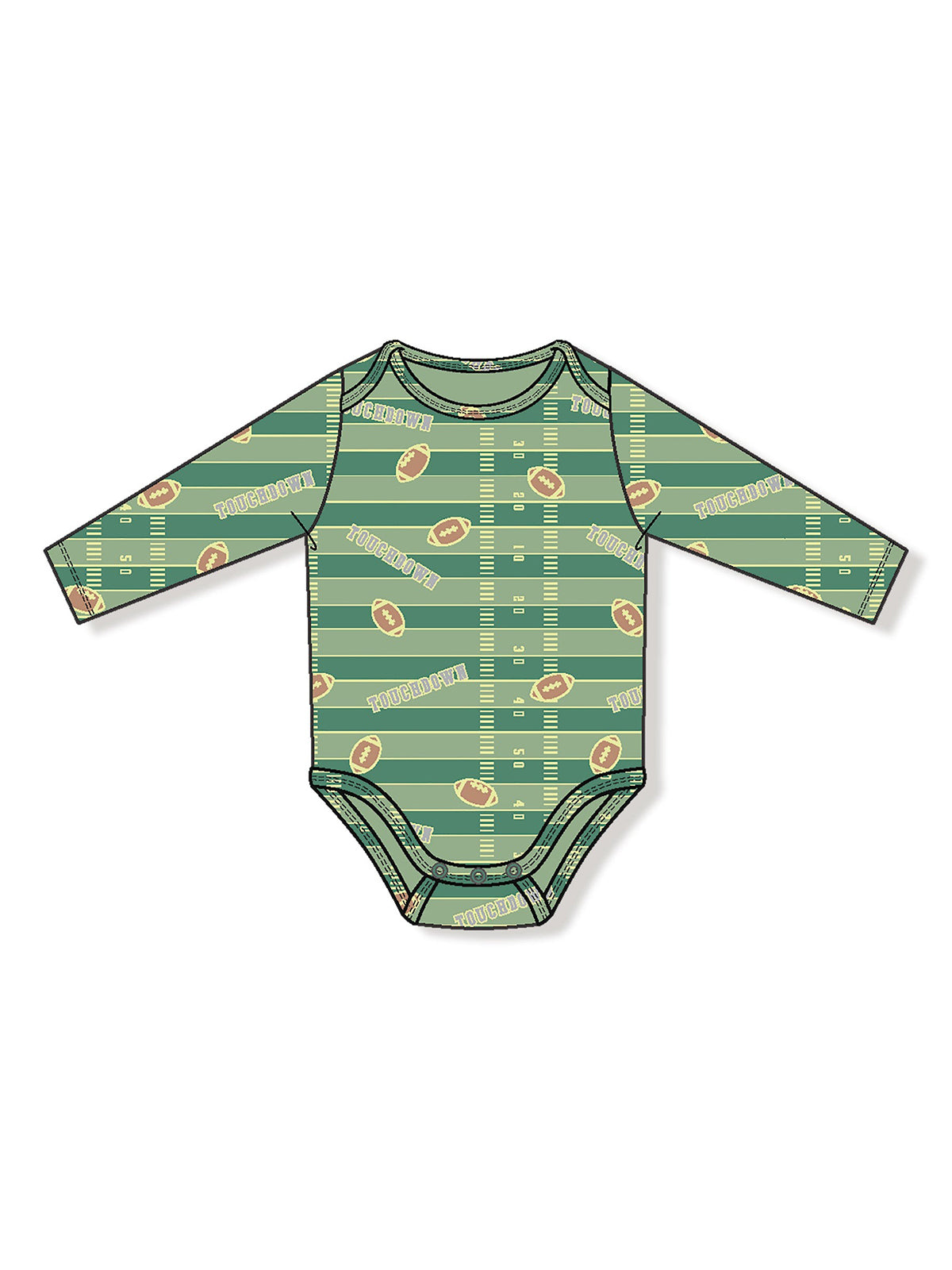 Green long-sleeve onesie with a football field pattern and "Touchdown" text. Ideal for football fans.