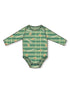 Green long-sleeve onesie with a football field pattern and "Touchdown" text. Ideal for football fans.