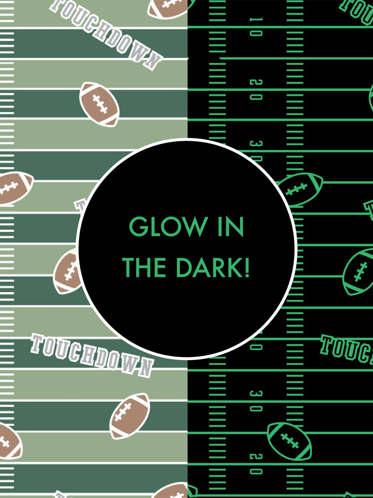 Football-themed graphic featuring "Glow in the Dark!" text on a split field design.