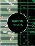 Football-themed graphic featuring "Glow in the Dark!" text on a split field design.
