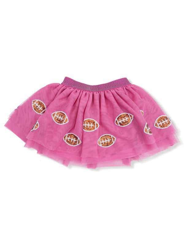 Pink tulle skirt with embroidered football patterns and a matching waistband.