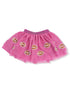 Pink tulle skirt with embroidered football patterns and a matching waistband.