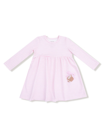 Pink striped long-sleeve dress with a cute dessert patch on the lower side. Perfect for young girls’ casual wear.