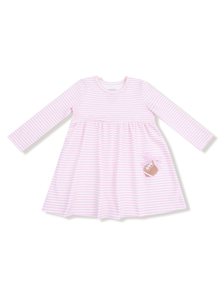 Pink striped long-sleeve dress with a cute dessert patch on the lower side. Perfect for young girls’ casual wear.