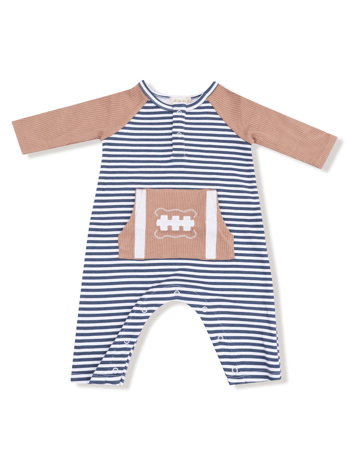 Striped baby romper with long sleeves and a pocket featuring a football design. Ideal for casual wear.