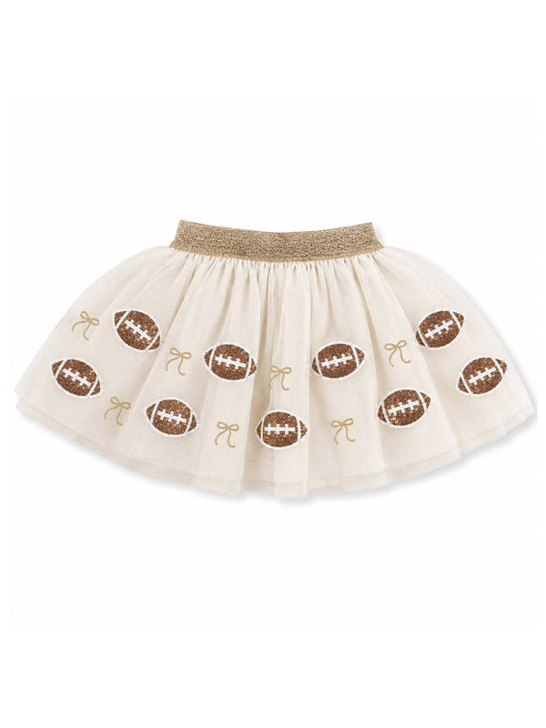 Cream-colored tutu skirt with football patterns and gold bows along the hem. Perfect for sports-themed occasions.