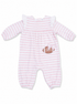 Pink striped infant romper with ruffled sleeves and a football appliqué featuring a bow. Ideal for casual wear.