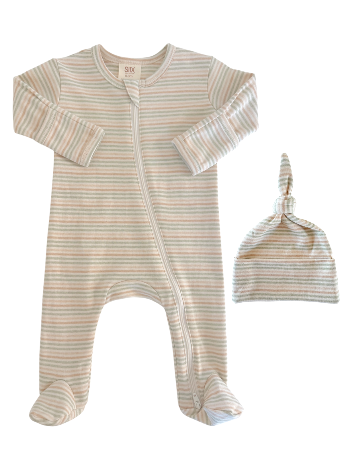 Striped baby romper with matching knotted hat, designed for infants, in soft fabric. Perfect for comfortable sleepwear.