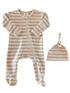 Beige and white striped baby onesie with matching knotted hat. Perfect for infants 0-3 months.