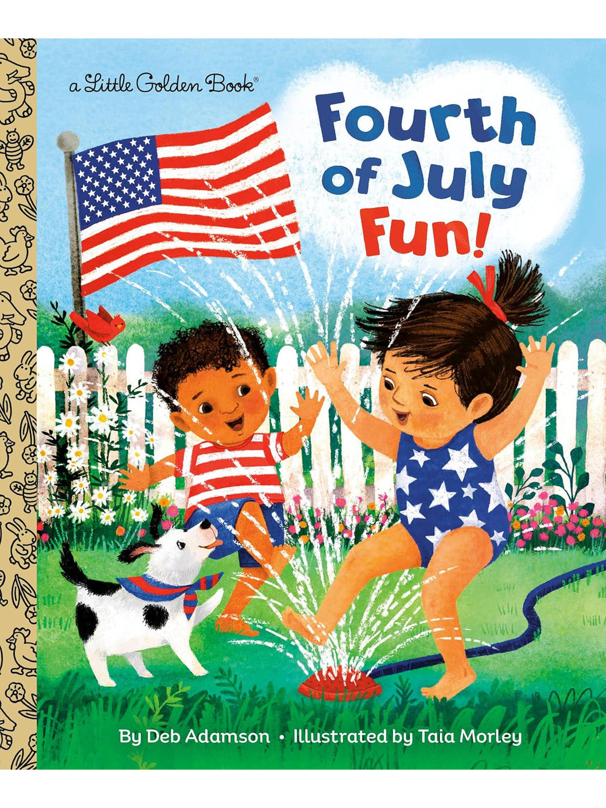 Cover of "Fourth of July Fun!" showing kids playing in sprinkler with a dog and an American flag.