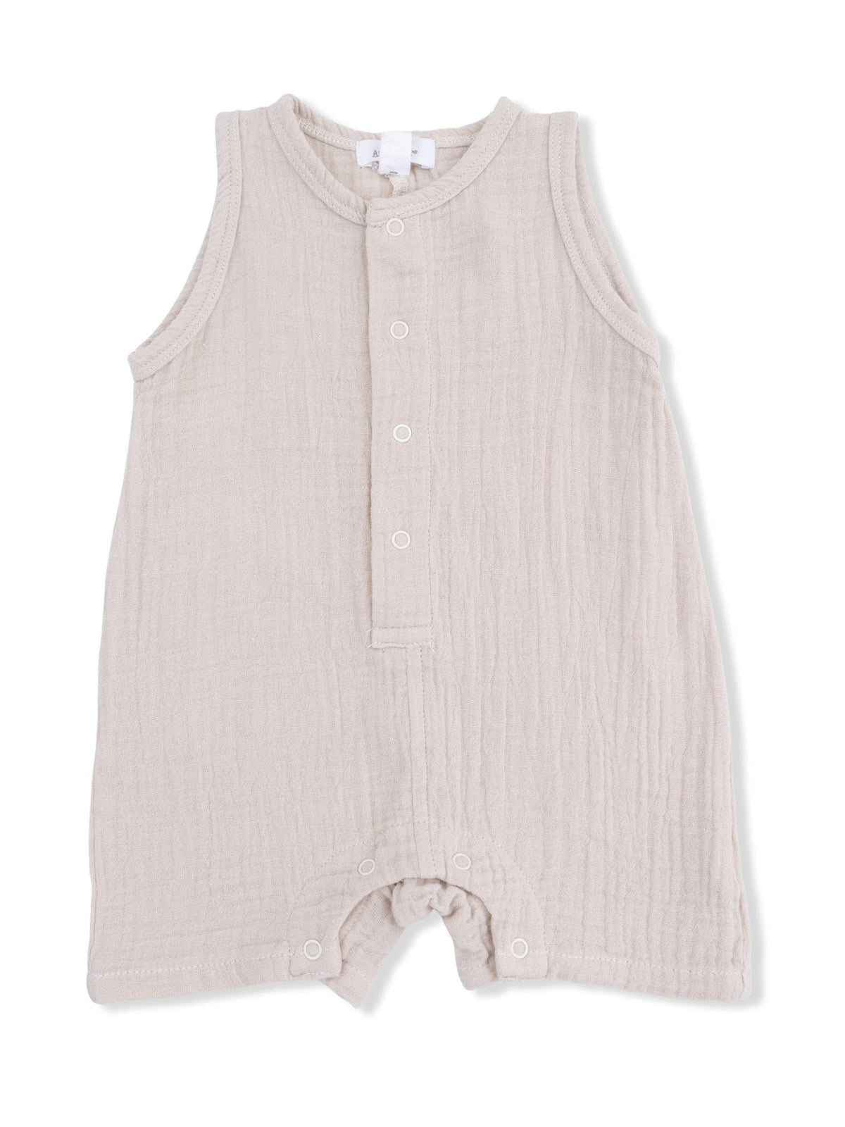 Light beige sleeveless baby romper with front buttons and snap closure at the bottom.